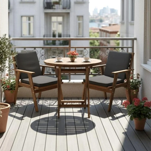 Bahçeme Heybeli Ahşap Bahçe Balkon Takımı: 70lik Masa + 2 Düz Minderli Sandalye Katlanır Set - Resim 2