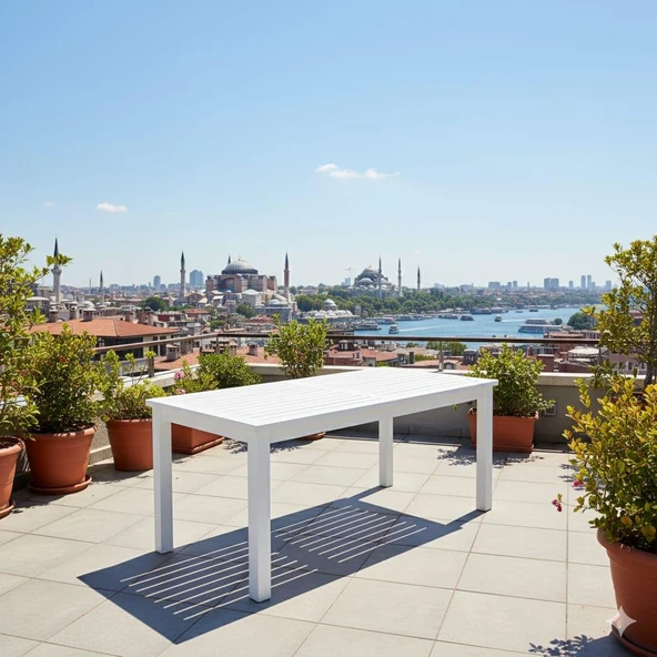 Bahçeme Bodrum 90X160 Sabit Ayaklı Ahşap Masa - Beyaz Renk Teras Balkon Bahçe Masası - Resim 4