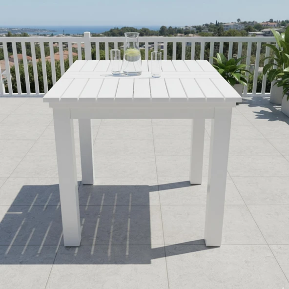 Bahçeme Kaş 80X80 Sabit Ayaklı Ahşap Masa - Beyaz Renk Teras Balkon Bahçe Masası - Resim 4