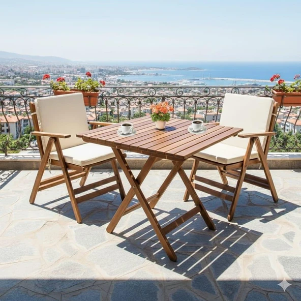 Bahçeci London 2li Düz Minderli Set - Katlanır Ahşap Bahçe Balkon Takımı - 60x60 Masa + 2 Sandalye ürün görseli 1