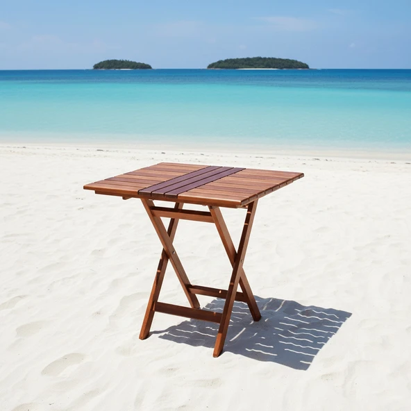 Bahçeme Marmaris Katlanır Ahşap Bahçe Balkon Seti: 60x60 Masa + 2 Gri PVCli Sandalye - Resim 2