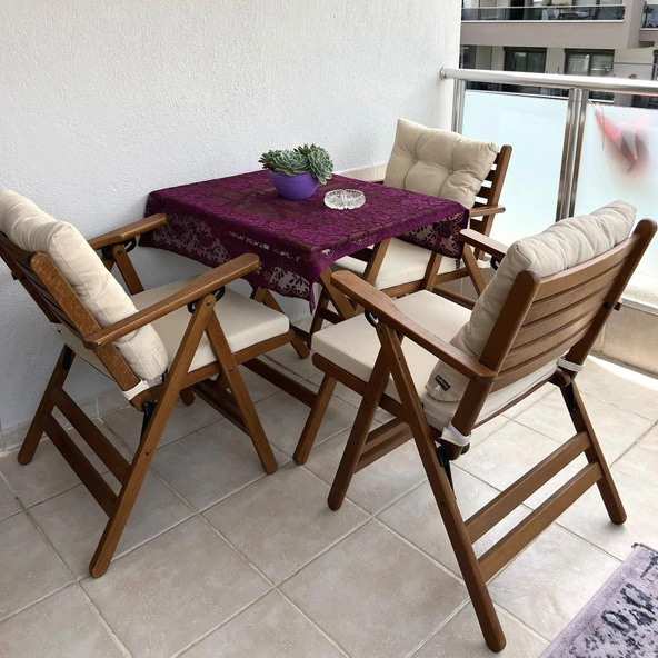 Bahçeme Antalya Katlanır Ahşap Bahçe Balkon Takımı: 80x80 Masa + 4 Minderli Sandalye - Resim 4