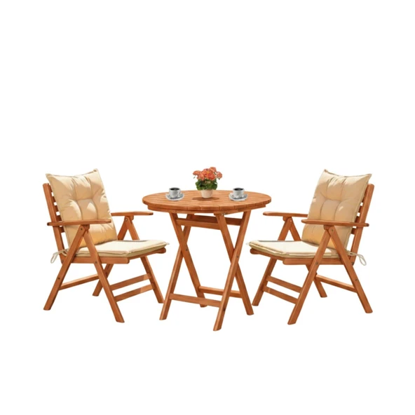 Bahçeme Antalya Katlanır Ahşap Bahçe Balkon Takımı: 60lık Yuvarlak Masa + 2 Minderli Sandalye - Resim 3