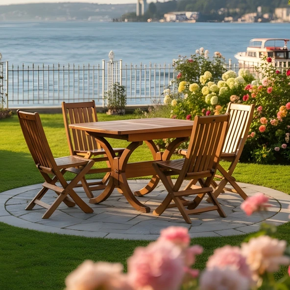 Bahçeme Avşa Side Ahşap Bahçe Balkon Takımı: 70x120 + 40 cm Uzayan Masa & 4 Katlanır Sandalye ürün görseli 1