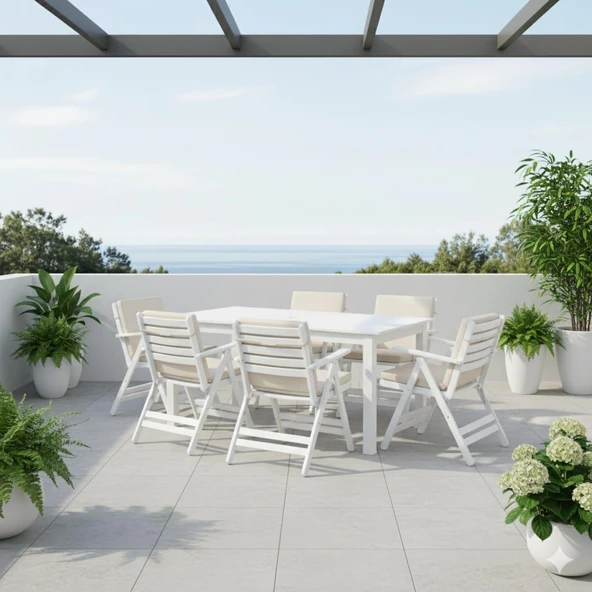 Bahçeme Antalya Ahşap Bahçe Balkon Seti Beyaz: 80x140 Sabit Masa +4 Düz Minderli Sandalye - Resim 2