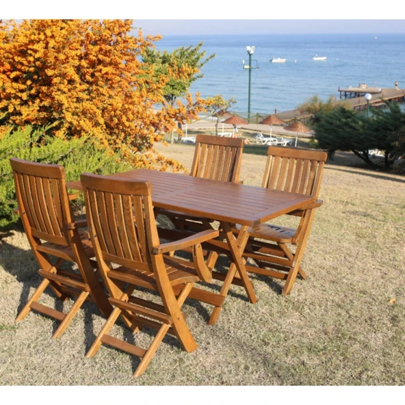 Bahçeme Muğla LX Katlanır Ahşap Bahçe Takımı: 80x140 Masa + 4 Sandalye - Resim 2