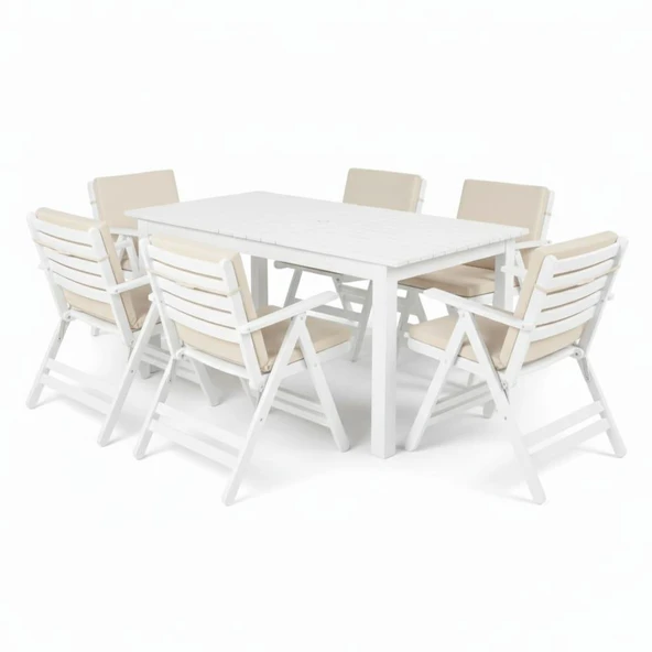 Bahçeme Antalya Ahşap Bahçe Balkon Seti Beyaz: 80x140 Sabit Masa +4 Düz Minderli Sandalye - Resim 4