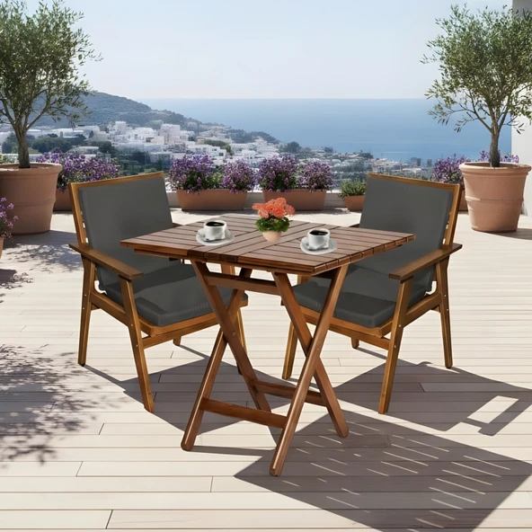 Bahçeme Heybeli Ahşap Bahçe Balkon Takımı: 80x80 Masa + 2 Düz Minderli Sandalye Katlanır Set - Resim 2