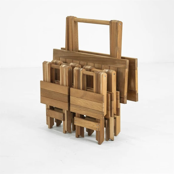 Mobeva Flat Kayın Ahşap Bahçe Takımı: 70x53 Masa + 4 Tabure Katlanır Set - Resim 6