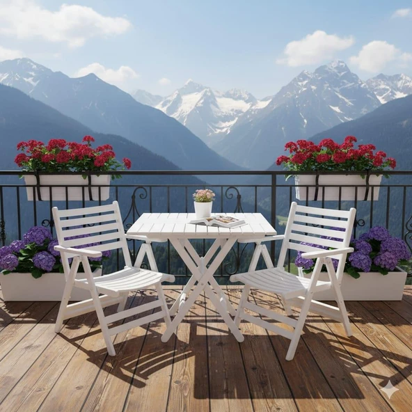 Bahçeme Antalya Katlanır Ahşap Bahçe Balkon Takımı Beyaz: 60x80 Masa + 2 Sandalye Set ürün görseli