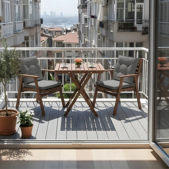 Bahçeme Heybeli Katlanır Ahşap Bahçe Balkon Seti: 70x70 Masa + 2 Düğme Minderli Sandalye - Resim 2