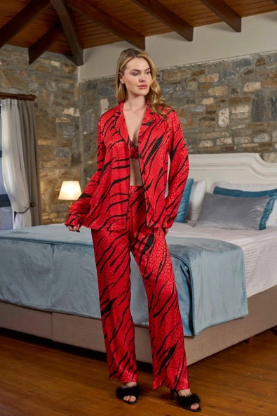 Aqua 26338 Kadın Lüxs 3'lü Önü Düğmeli Uzun Kol Pijama Takımı - Resim 2