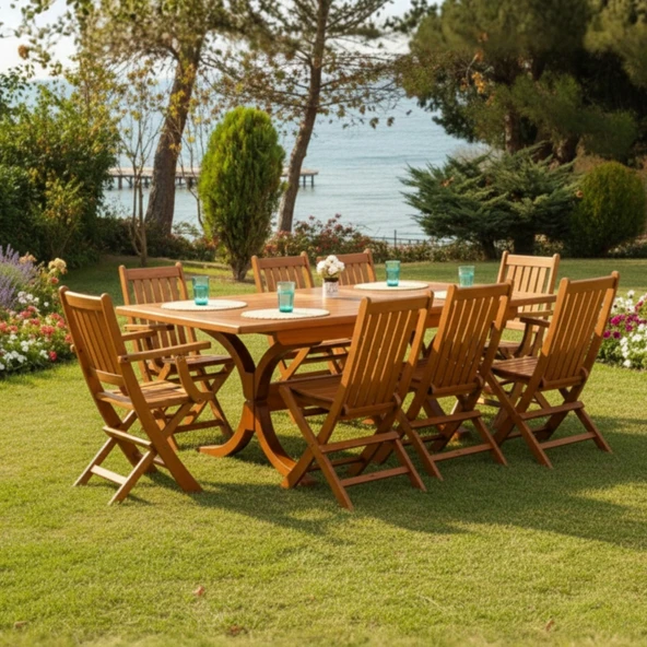 Bahçeme Avşa Side Ahşap Bahçe Balkon Takımı: 90x180 + 50 cm Uzayan Masa & 8 Katlanır Sandalye ürün görseli 1