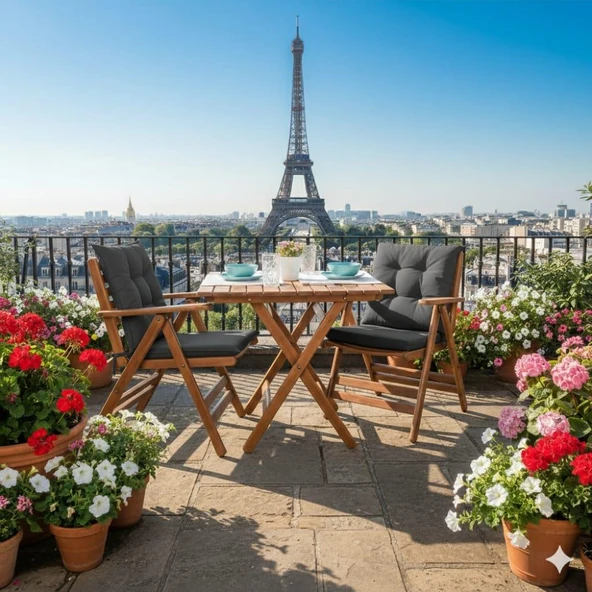 Bahçeme Antalya Katlanır Ahşap Bahçe Balkon Takımı: 80x80 Masa + 2 Minderli Sandalye - Resim 2