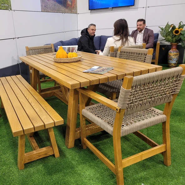 Bahçeme Taksim 7 Kişilik Kestane Bahçe Takımı: 4 Sandalye + 100X180 Masa + 40X180 Bank - Resim 4