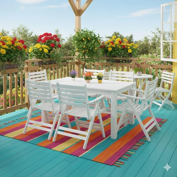 Bahçeme Antalya S Ahşap Bahçe Balkon Seti Beyaz: 80x120 Sabit Masa + 4 Katlanır Sandalye - Resim 2