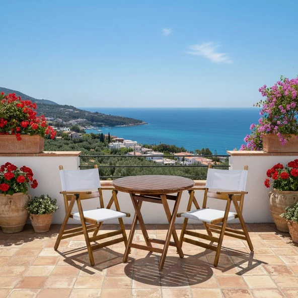 Bahçeme Marmaris Katlanır Ahşap Bahçe Balkon Seti: 60Lık Masa + 2 Gri Pvcli Sandalye ürün görseli 1