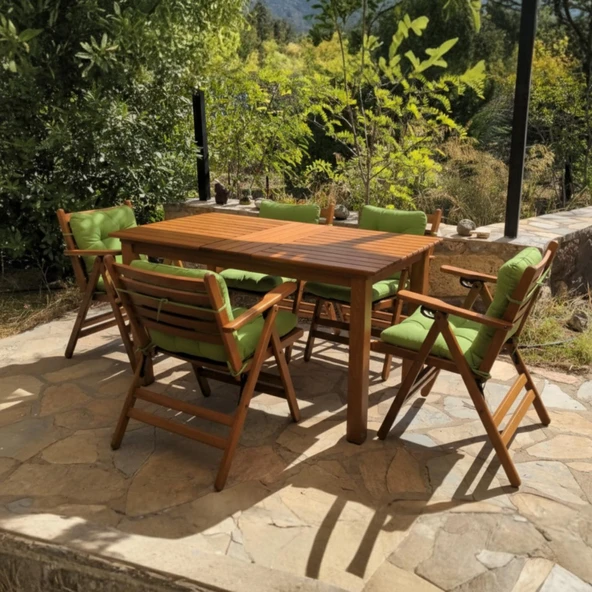 Bahçeme Antalya Ahşap Bahçe Balkon Seti: 80x120 Sabit Masa +4 Düğme Minderli Sandalye - Resim 3