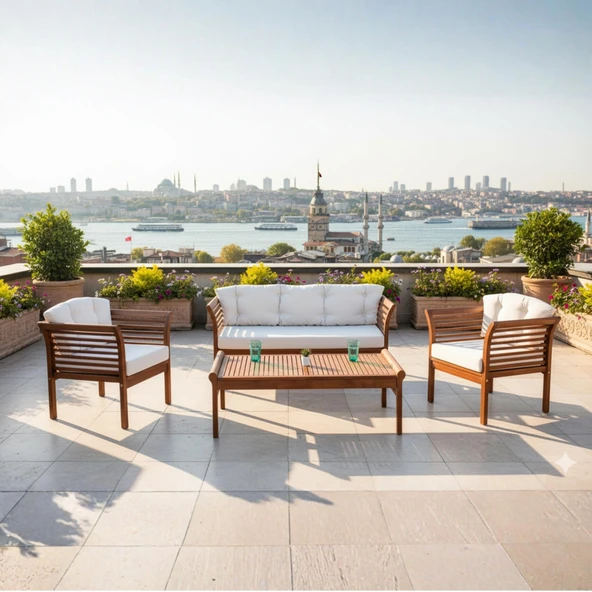 Bahçeme Çeşme Bahçe Oturma Grubu 5 Kişilik - Ahşap Koltuk ve Sehpa Takımı ürün görseli 1