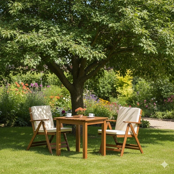 Bahçeme Antalya Ahşap Bahçe Takımı: 70x70 Sabit Masa + 2 Düz Minderli Katlanır Sandalye - Resim 2