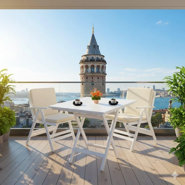 Bahçeme Antalya Katlanır Ahşap Bahçe Balkon Takımı Beyaz: 60x60 Masa + 2 Düz Minderli Sandalye - Resim 2