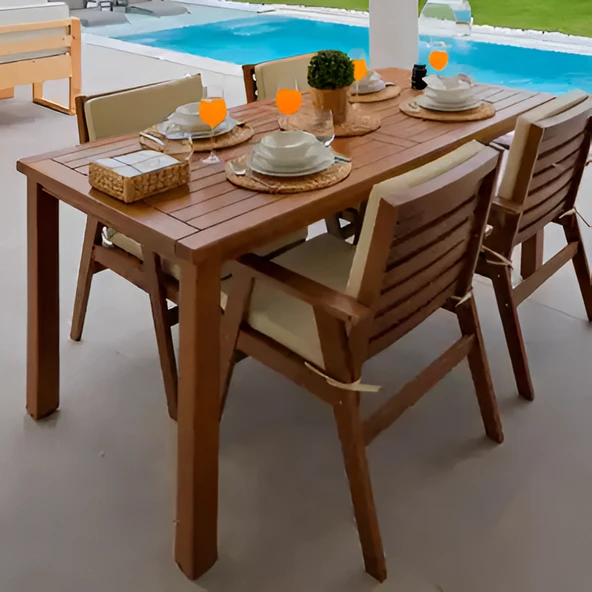 Bahçeme Heybeli LXS Katlanır Ahşap Bahçe Takımı: 90X160 Sabit Masa + 4 Minderli Sandalye - Resim 5