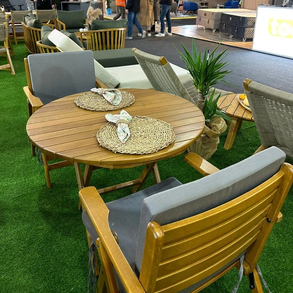 Bahçeme Antalya Katlanır Ahşap Bahçe Balkon Takımı: 70lik Yuvarlak Masa + 2 Minderli Sandalye - Resim 4