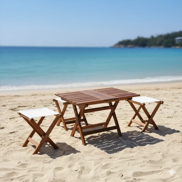 Bahçeme Kaş Ahşap Tabure - Masif Gürgen & PVC Oturum & Katlanır Model - Resim 6