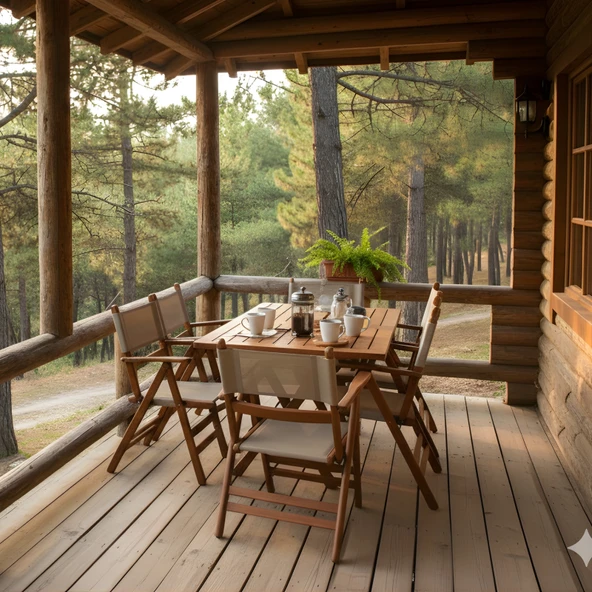 Bahçeme Marmaris LX PVCli Ahşap Bahçe Balkon Seti: 80x140 Masa + 4 Sandalye Katlanır Takım ürün görseli 1