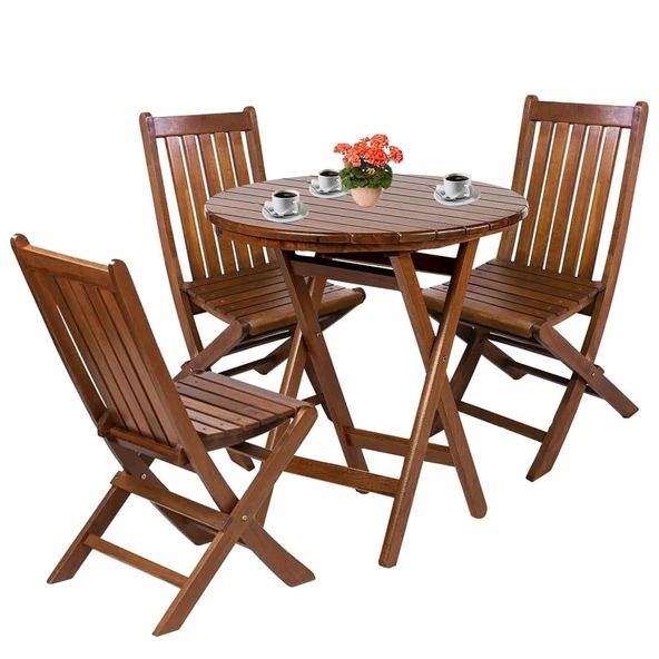Bahçeme Avşa Ahşap Bahçe Takımı - 90lık Yuvarlak Masa + 3 Sandalye Katlanır Balkon Set ürün görseli 1
