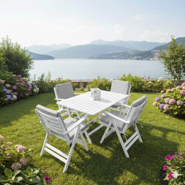 Bahçeme Antalya Katlanır Ahşap Bahçe Balkon Seti Beyaz: 80x120 Masa + 4 Düz Minderli Sandalye ürün görseli 1