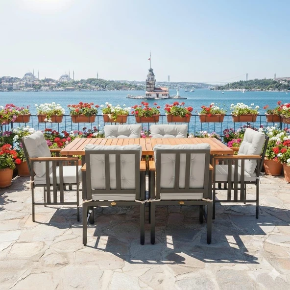 Bahçeme Çamlıca Alüminyum Yemek Takımı - 6 Kişilik Bahçe Teras Mutfak Kanepe Takımı - Resim 6