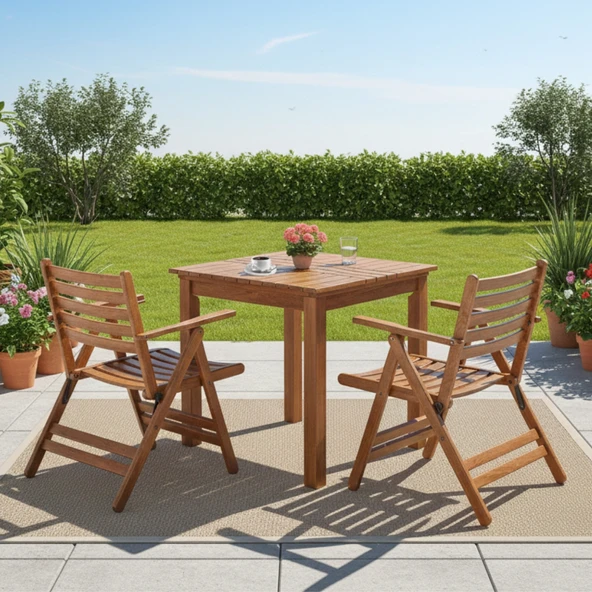 Bahçeme Antalya S Ahşap Bahçe Balkon Seti: 70x70 Sabit Masa + 2 Katlanır Sandalye - Resim 2