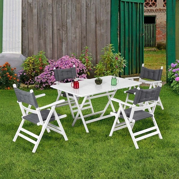 Bahçeme Marmaris Minderli Ahşap Bahçe Takımı Beyaz: 80X120 Masa + 4 Sandalye Katlanır Set - Resim 4