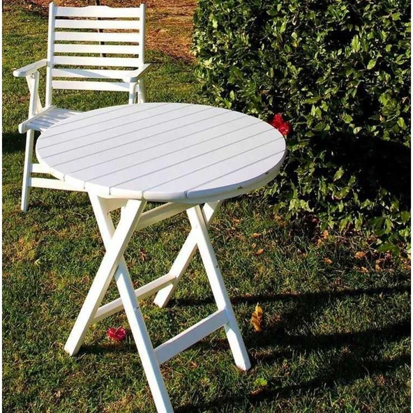 Bahçeme Datça 90lık Katlanır Ahşap Masa - Beyaz Renk Yuvarlak Bahçe Balkon Mutfak Masası - Resim 4