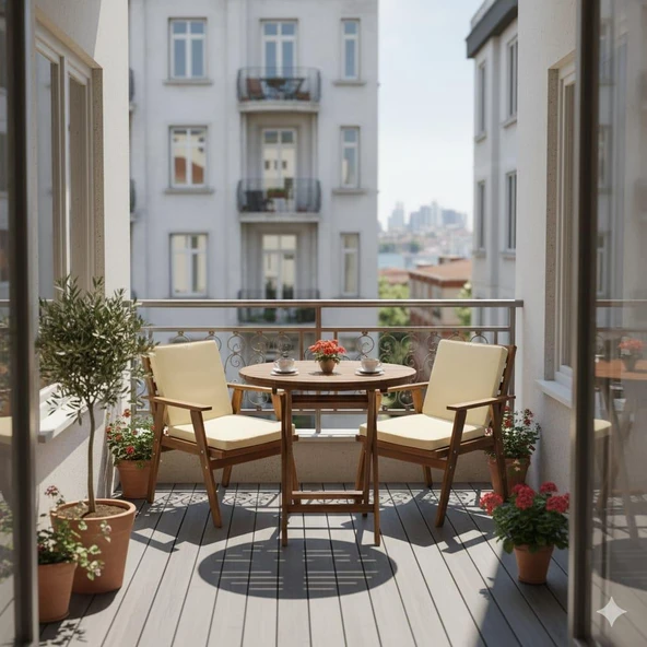 Bahçeme Heybeli Ahşap Bahçe Balkon Takımı: 90lık Masa + 2 Düz Minderli Sandalye Katlanır Set ürün görseli