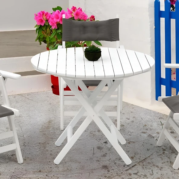 Bahçeme Datça 90lık Katlanır Ahşap Masa - Beyaz Renk Yuvarlak Bahçe Balkon Mutfak Masası - Resim 3