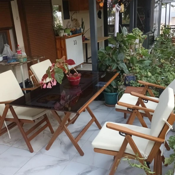 Bahçeme Antalya Katlanır Ahşap Bahçe Balkon Seti: 70x120 Masa + 6 Düz Minderli Sandalye - Resim 4