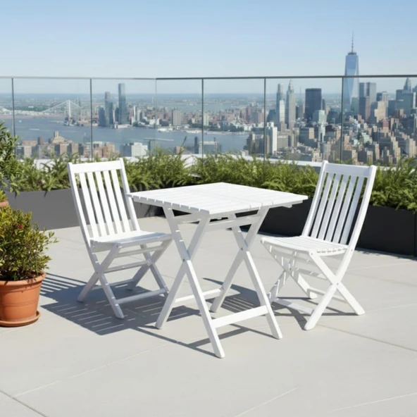 Bahçeme Avşa Ahşap Bahçe Takımı Beyaz - 70x70 Masa + 2 Sandalye Katlanır Balkon Set ürün görseli 1