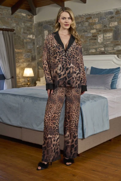Aqua 26369 Gömlek Yaka Önden Düğmeli Leopar Desen Pijama Takımı - Resim 2