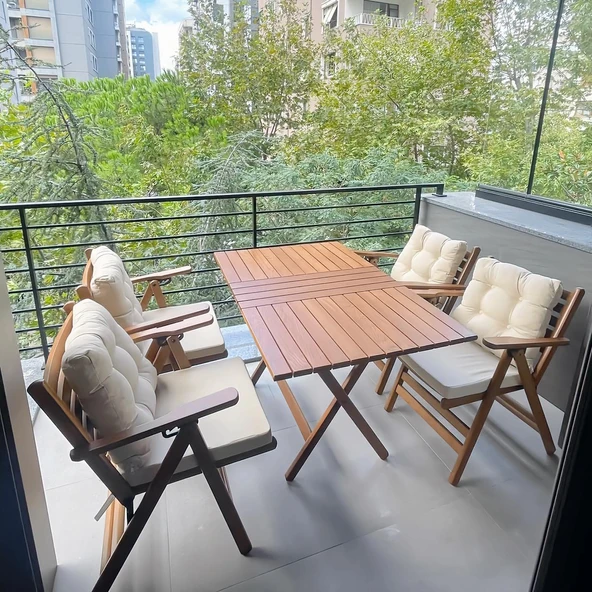 Bahçeme Antalya Katlanır Ahşap Bahçe Balkon Seti: 80x120 Masa +6 Minderli Sandalye - Resim 3