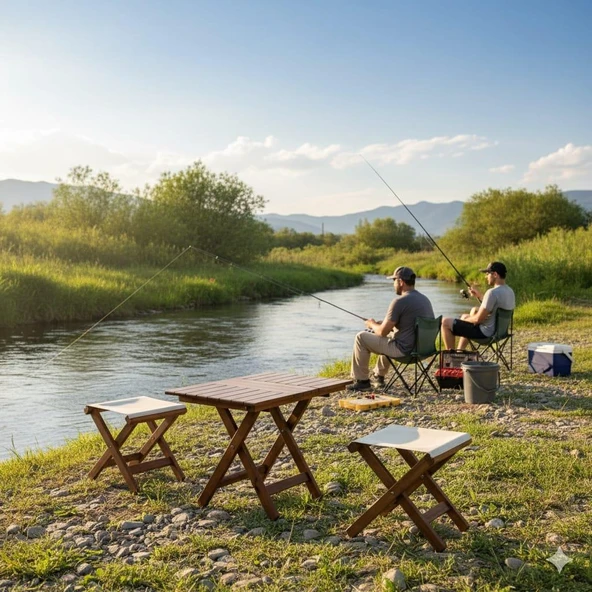 Bahçeme Ada Çay Set: 50x70 Sehpa + 2 Tabure - Katlanır Takım - Resim 2