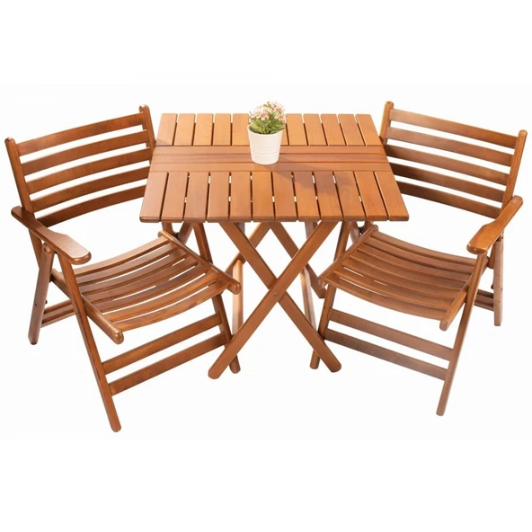 Bahçeme Antalya Katlanır Ahşap Bahçe Balkon Takımı: 60x60 Masa + 2 Sandalye Set - Resim 3