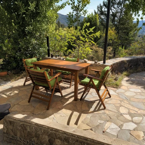 Bahçeme Antalya Ahşap Bahçe Balkon Seti: 80x140 Sabit Masa +4 Düğme Minderli Sandalye - Resim 4