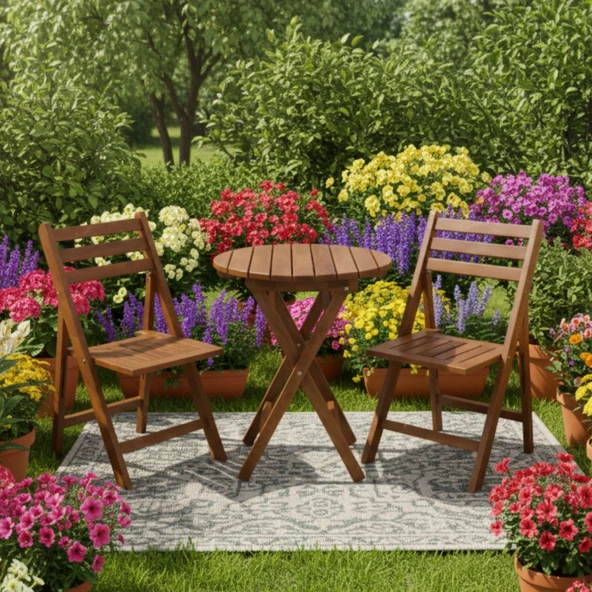 Bahçeme Albatros Katlanır Ahşap Bahçe Balkon Takımı: 70lik Masa + 2 Sandalye - Resim 3