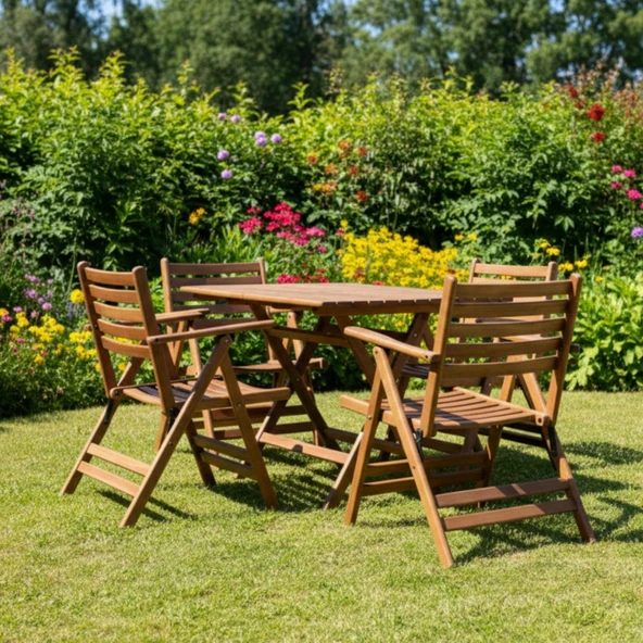 Bahçeme Antalya Katlanır Ahşap Bahçe Balkon Takımı: 80x120 Masa + 4 Sandalye - Resim 2