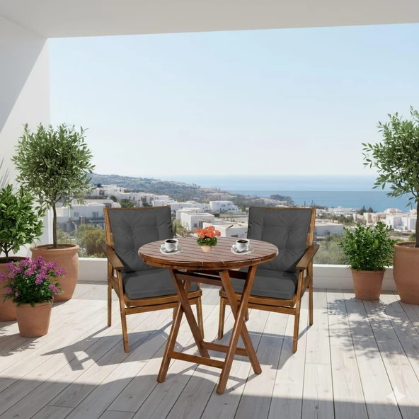Bahçeme Heybeli Katlanır Ahşap Bahçe Balkon Seti: 90lık Masa + 2 Düğme Minderli Sandalye - Resim 2