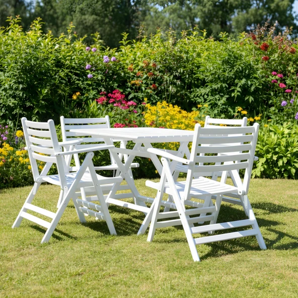 Bahçeme Antalya Katlanır Ahşap Bahçe Balkon Seti Beyaz: 80x140 Masa +4 Sandalye ürün görseli 1