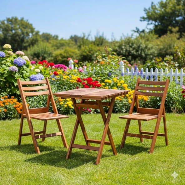 Bahçeci İspanya Katlanır Ahşap Bahçe Balkon Takımı: 60x60 Masa + 2 Sandalye Set - Resim 2