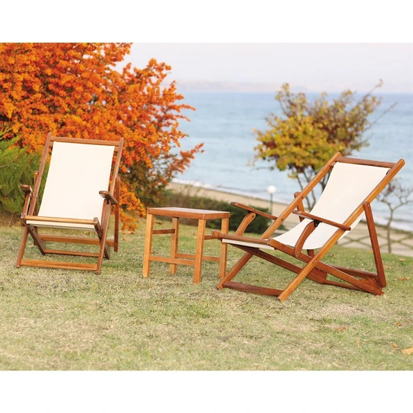 Bahçeme Belek Monaco Kademeli Ahşap Şezlong Set: 2 Şezlong + Sehpa ürün görseli 1